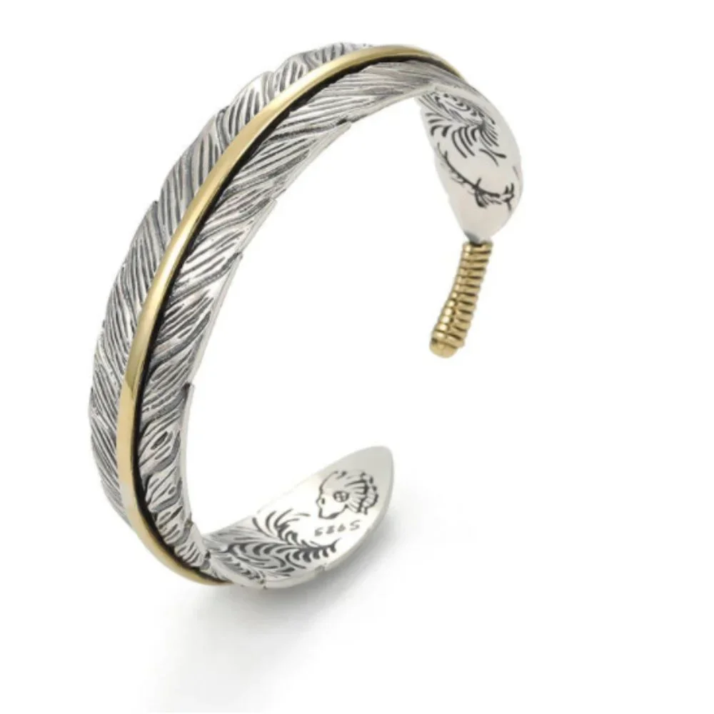 Takahashi Goro's Handmade Silver Golden Feather Cuff Bracelet Bangle